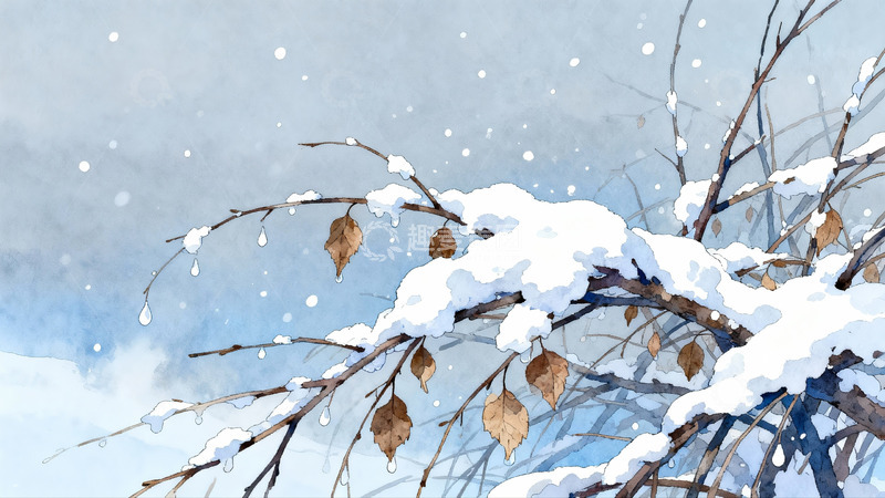 高清大图下载【趣麦麦图】雪覆枝头落叶静美冬景