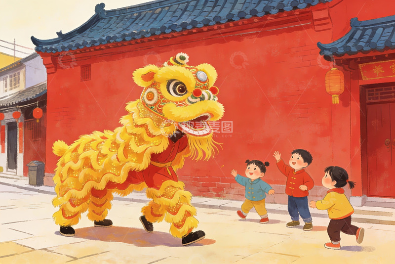 高清大图下载【趣麦麦图】传统舞狮迎新春儿童欢庆
