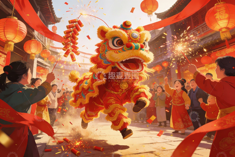 高清大图下载【趣麦麦图】舞狮表演热闹非凡