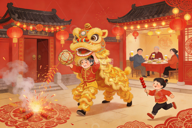 高清大图下载【趣麦麦图】春节舞狮欢庆场景