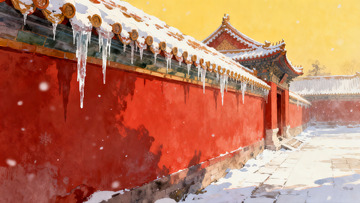 雪中红墙古建筑