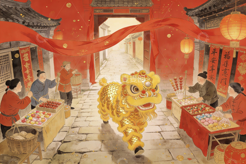 高清大图下载【趣麦麦图】春节舞狮街头热闹场景