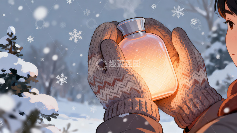 高清大图下载【趣麦麦图】冬日雪景中手捧暖水袋