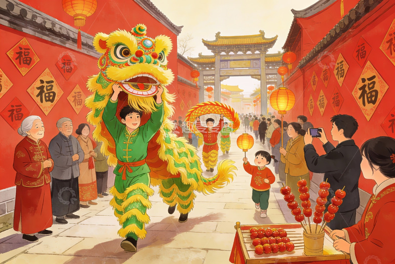 高清大图下载【趣麦麦图】春节舞狮热闹街景