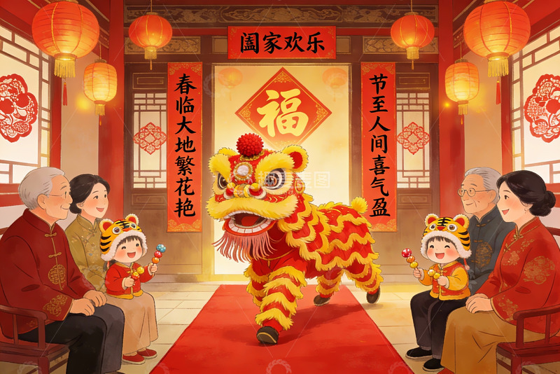 高清大图下载【趣麦麦图】春节舞狮全家欢聚图