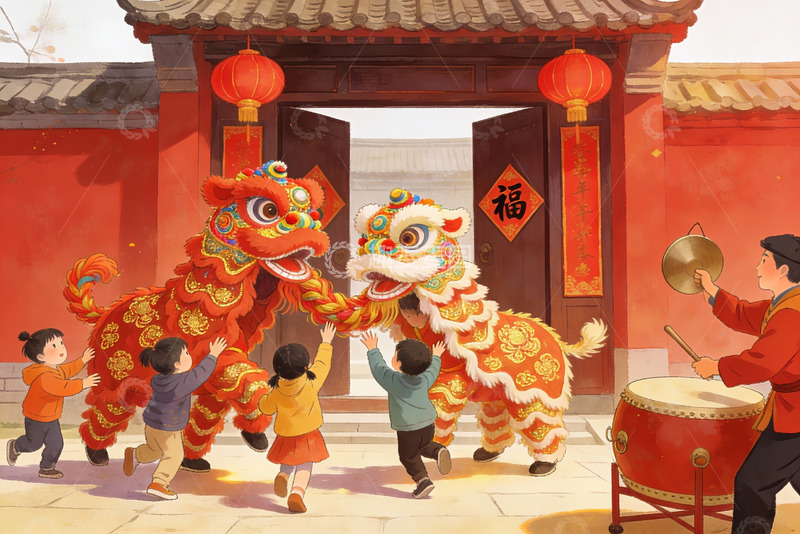 高清大图下载【趣麦麦图】儿童舞狮表演欢庆节日