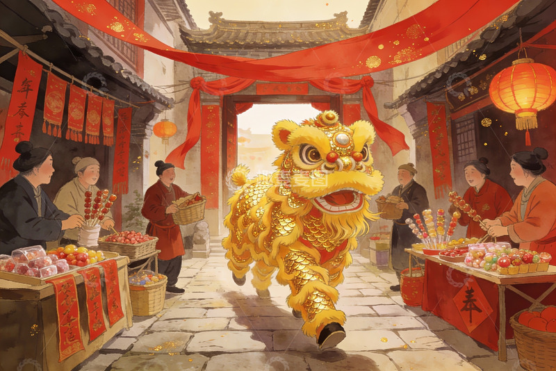 高清大图下载【趣麦麦图】传统节日舞狮热闹街景