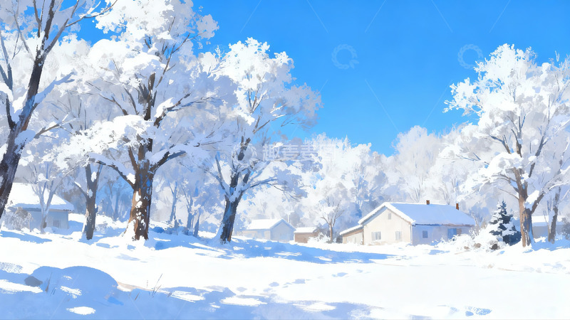 高清大图下载【趣麦麦图】雪景冬日房屋与树木