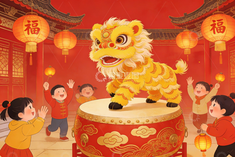 高清大图下载【趣麦麦图】新年舞狮儿童欢庆场景