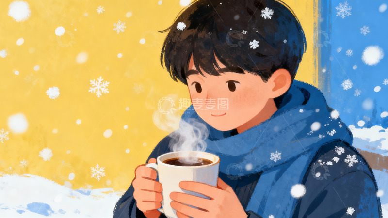 高清大图下载【趣麦麦图】雪中手持热饮的少年
