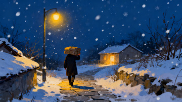 雪夜行人背影