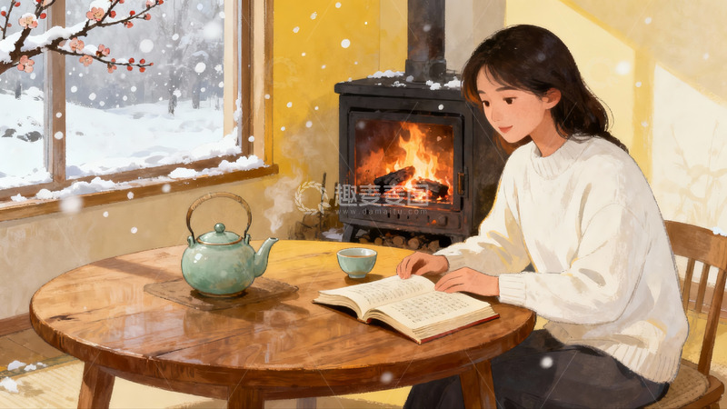 高清大图下载【趣麦麦图】冬日暖炉旁女子阅读茶香四溢