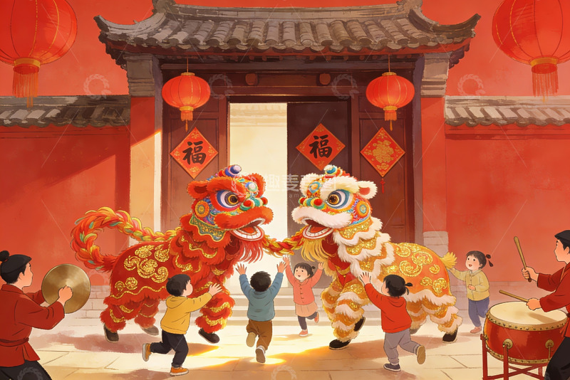 高清大图下载【趣麦麦图】春节舞狮热闹场景