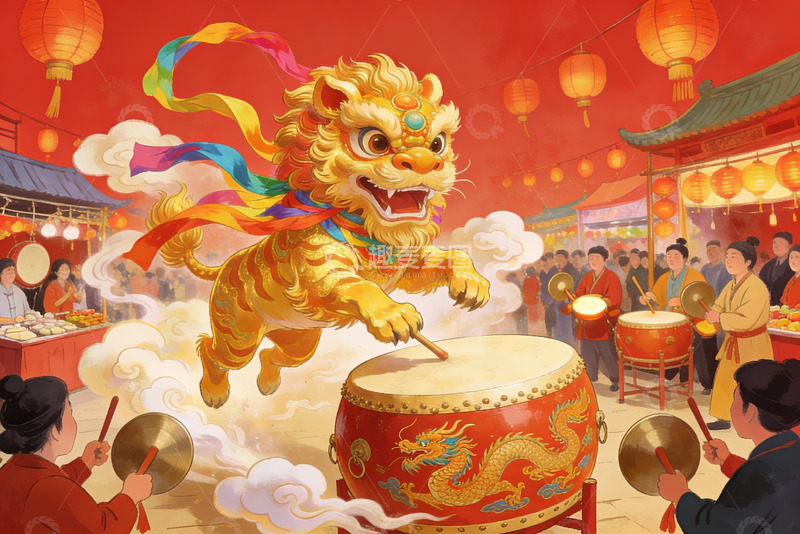 高清大图下载【趣麦麦图】舞狮锣鼓庆佳节热闹非凡