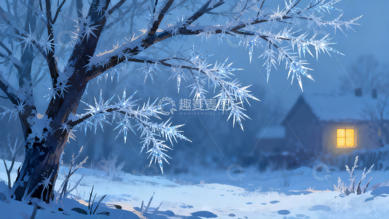 高清大图下载【趣麦麦图】雪夜树枝冰挂静谧场景