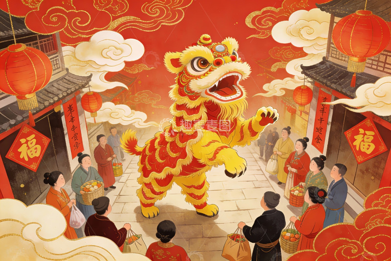 高清大图下载【趣麦麦图】春节舞狮热闹街景