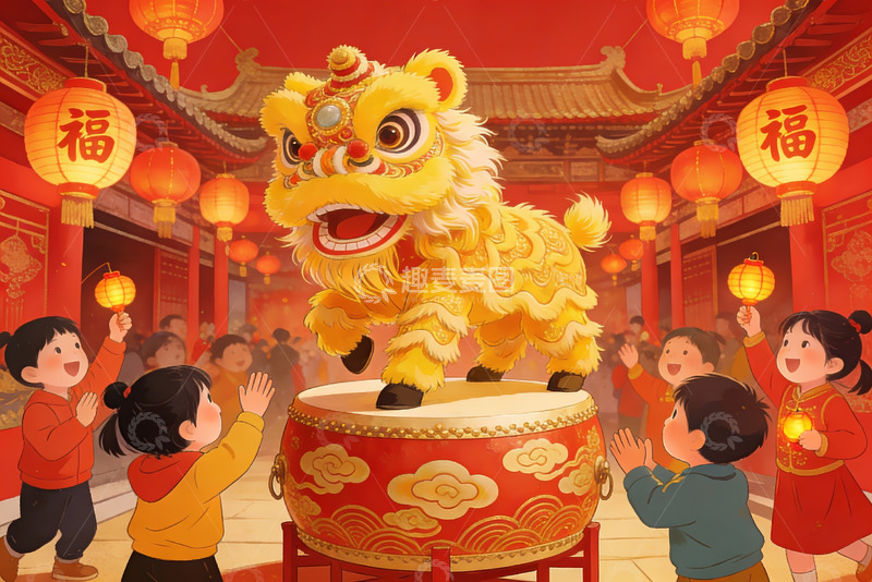 高清大图下载【趣麦麦图】儿童欢庆舞狮表演