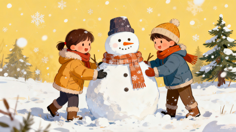 高清大图下载【趣麦麦图】两个孩子堆雪人欢乐冬日