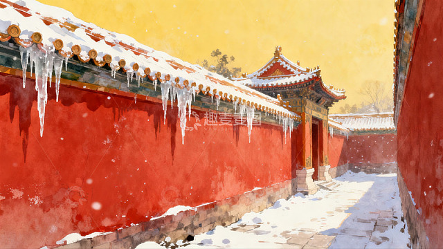 雪中红墙古建筑
