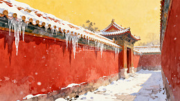 雪中红墙古建筑