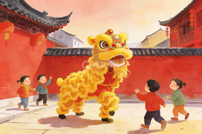 高清大图下载【趣麦麦图】儿童围观舞狮表演