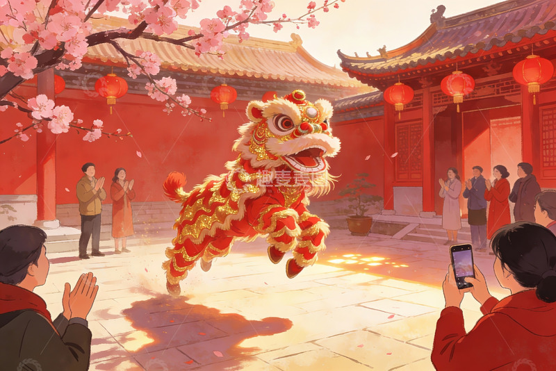 高清大图下载【趣麦麦图】传统舞狮表演热闹场景