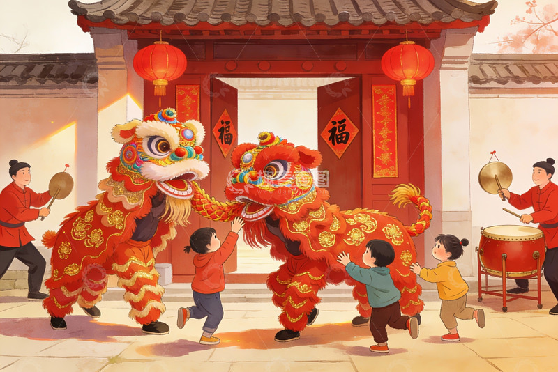 高清大图下载【趣麦麦图】儿童与舞狮表演互动场景