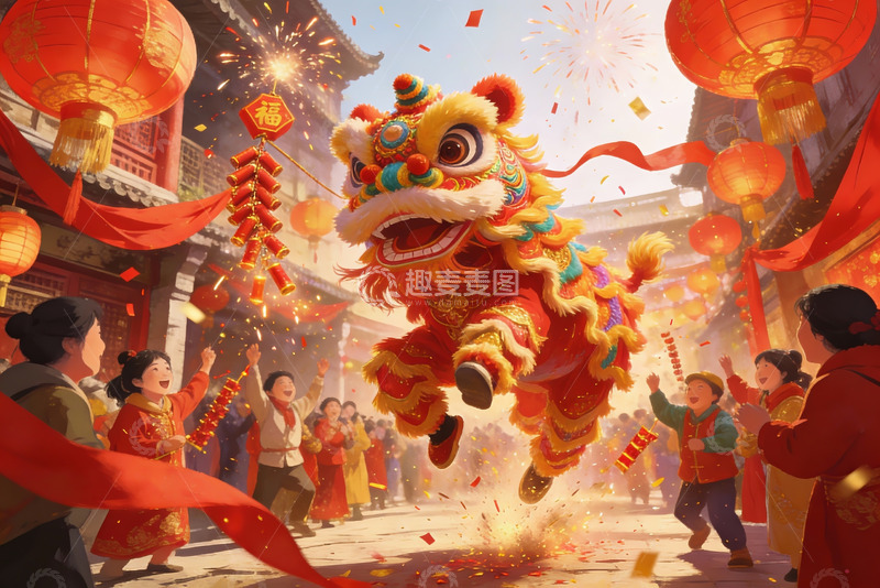 高清大图下载【趣麦麦图】春节舞狮热闹街景