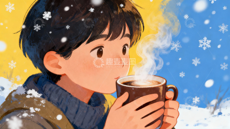 高清大图下载【趣麦麦图】雪中少年手捧热饮暖心画面