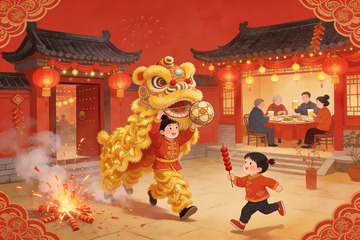 春节舞狮家庭聚餐欢乐场景