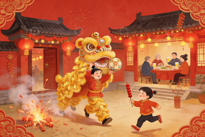 高清大图下载【趣麦麦图】春节舞狮家庭聚餐欢乐场景