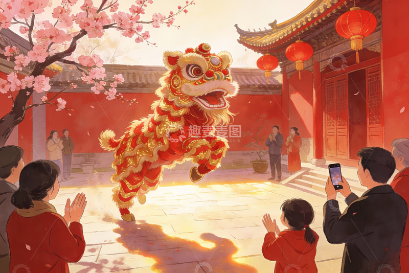 高清大图下载【趣麦麦图】春节舞狮表演热闹场景