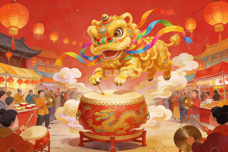高清大图下载【趣麦麦图】舞狮锣鼓庆佳节热闹非凡