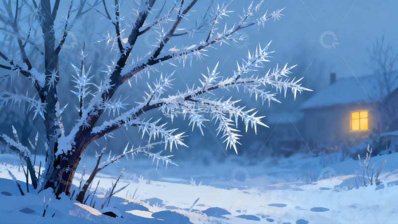 高清大图下载【趣麦麦图】雪夜树枝挂霜景