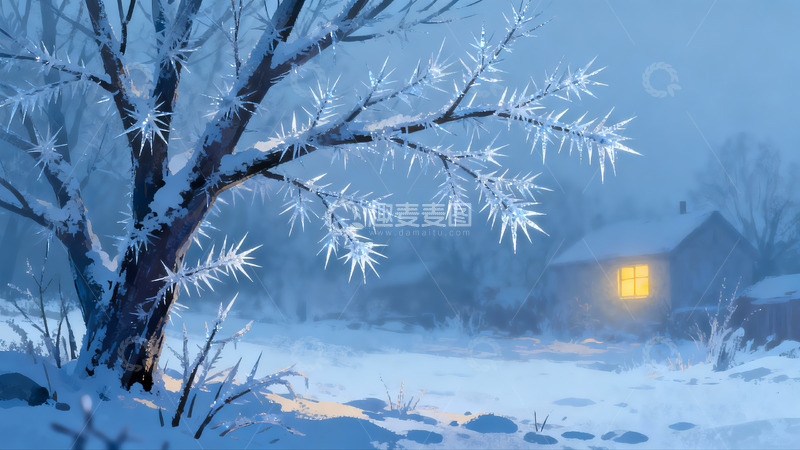 高清大图下载【趣麦麦图】雪夜树影与温暖小屋