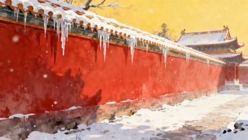 雪中红墙古建筑