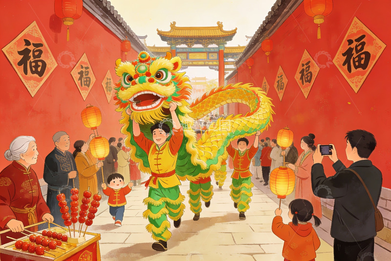 高清大图下载【趣麦麦图】春节舞龙热闹街景