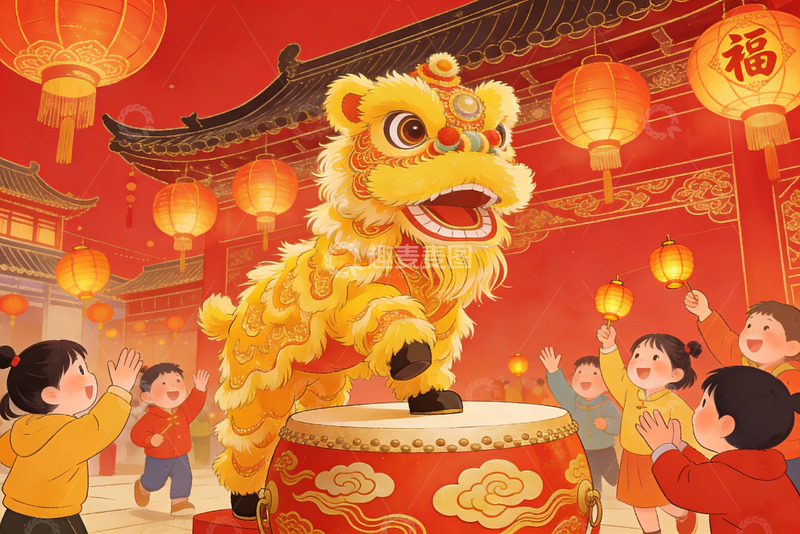 高清大图下载【趣麦麦图】春节舞狮欢庆场景