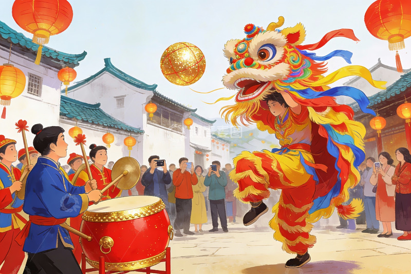 高清大图下载【趣麦麦图】春节舞狮热闹街景