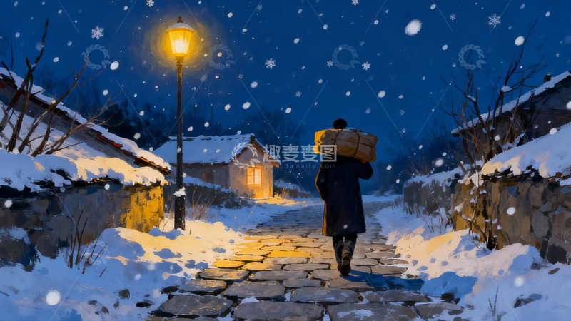 高清大图下载【趣麦麦图】雪夜行人背影