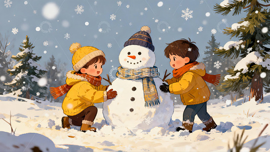 两个孩子堆雪人欢乐过冬