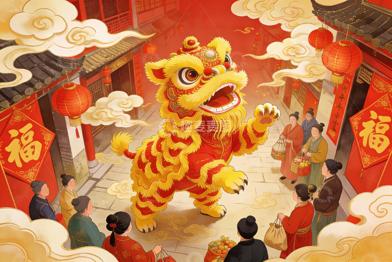高清大图下载【趣麦麦图】春节舞狮热闹街景