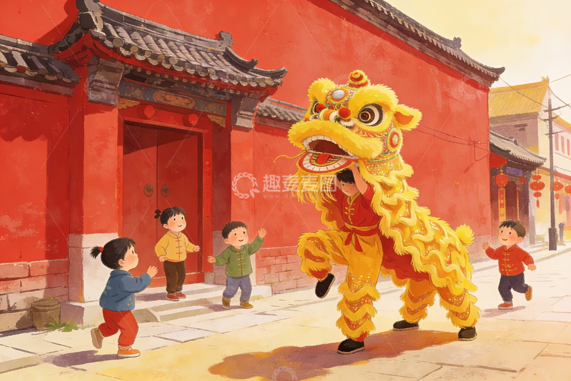 高清大图下载【趣麦麦图】儿童舞狮欢庆传统节日