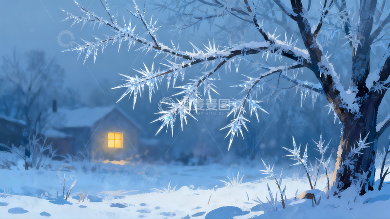 高清大图下载【趣麦麦图】雪夜树枝冰挂小屋