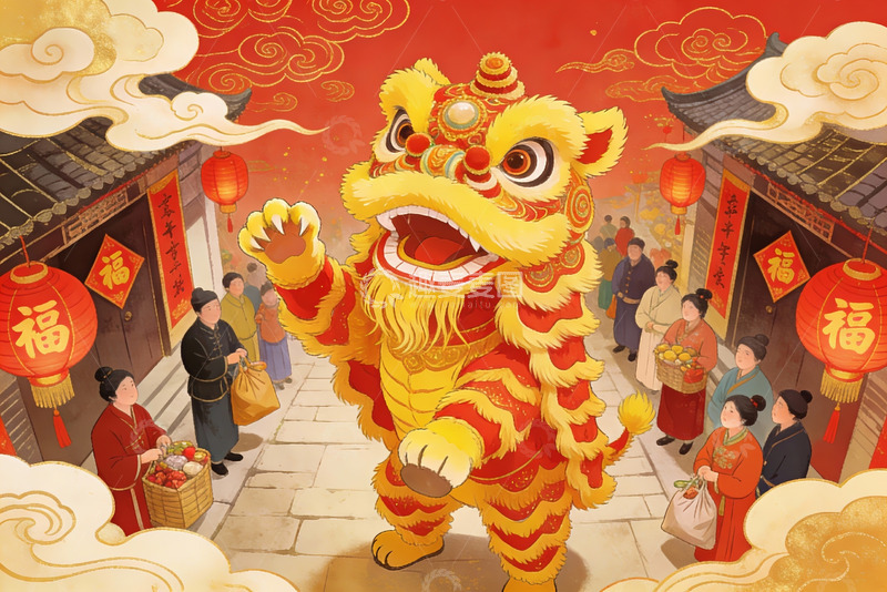 高清大图下载【趣麦麦图】热闹街市舞狮表演欢庆场景