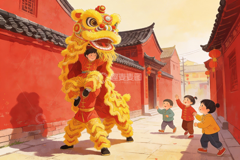 高清大图下载【趣麦麦图】儿童观看舞狮表演
