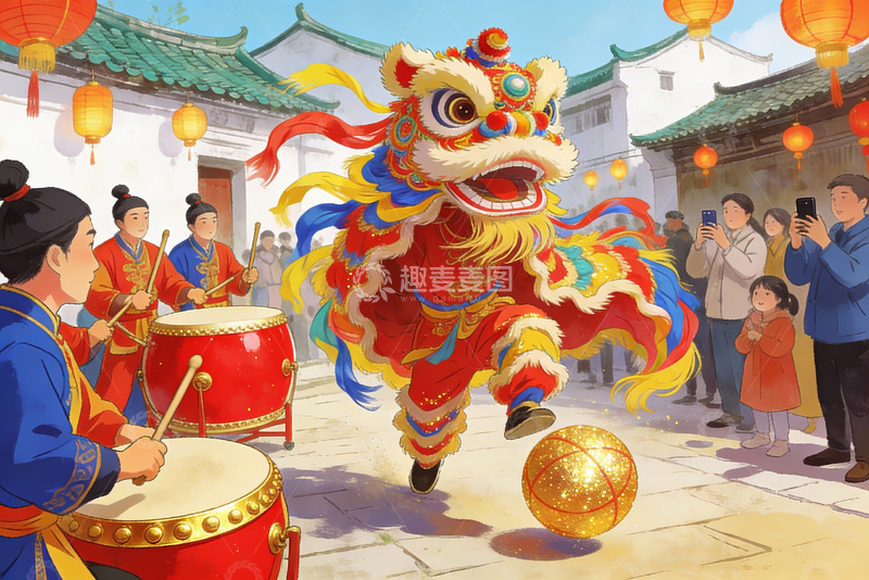 高清大图下载【趣麦麦图】舞狮表演热闹非凡