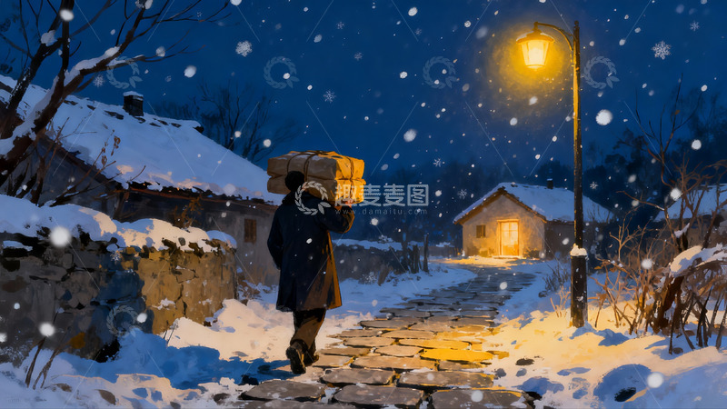 高清大图下载【趣麦麦图】雪夜行路背影