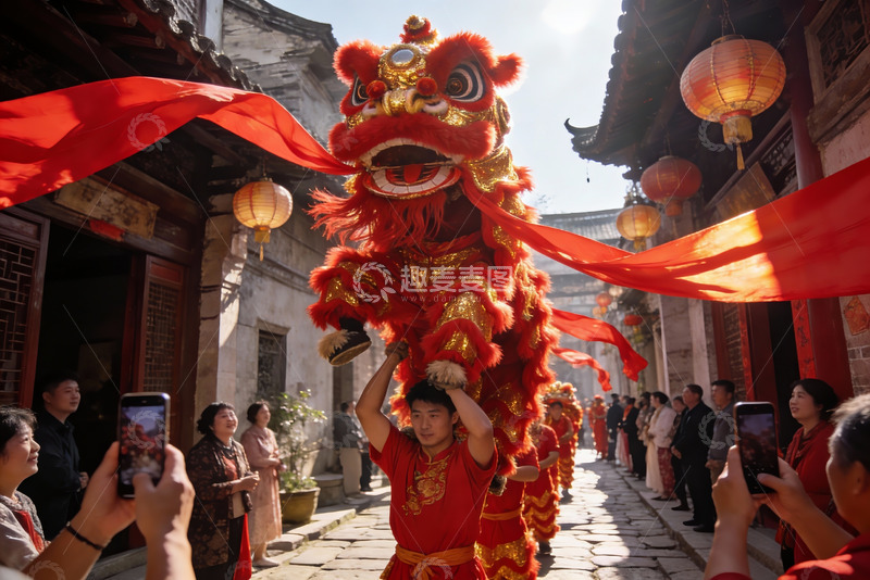 高清大图下载【趣麦麦图】街头舞狮表演热闹非凡