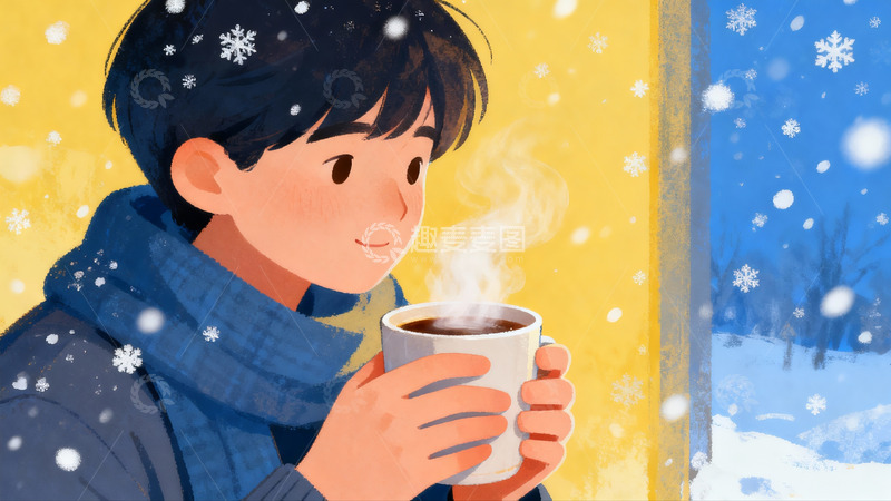 高清大图下载【趣麦麦图】冬日窗边捧杯热饮